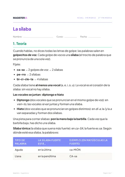 Página 1 de la ficha de La sílaba para 2º de Primaria, con el inicio de la teoría