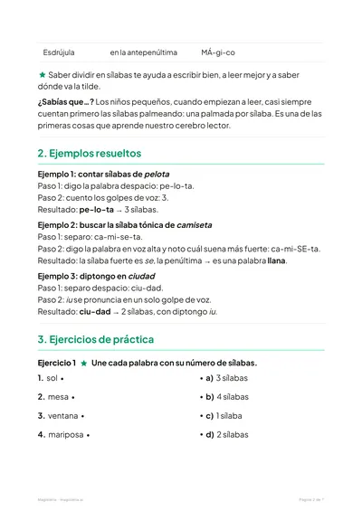 Página 2 de la ficha de La sílaba para 2º de Primaria