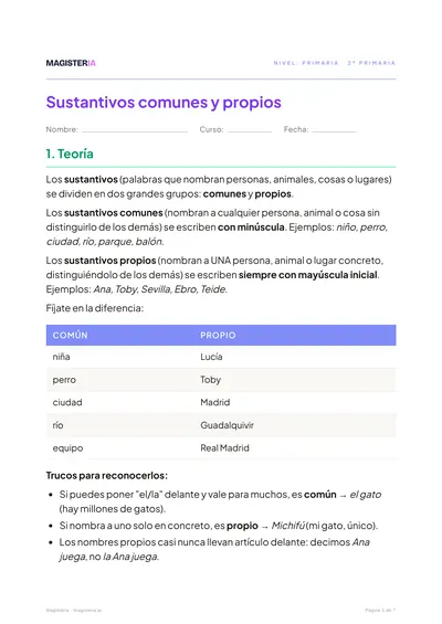 Página 1 de la ficha de Sustantivos comunes y propios para 2º de Primaria, con el inicio de la teoría