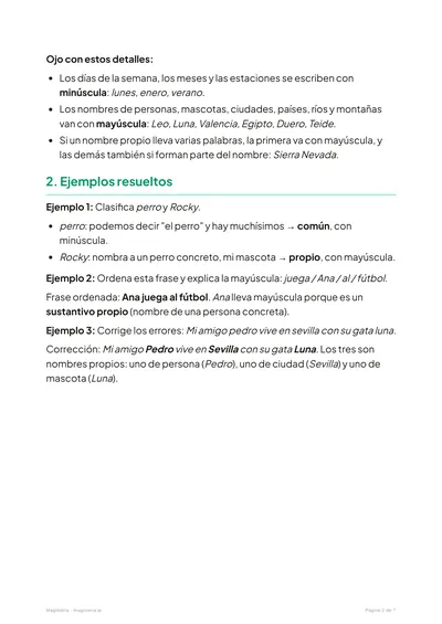 Página 2 de la ficha de Sustantivos comunes y propios para 2º de Primaria