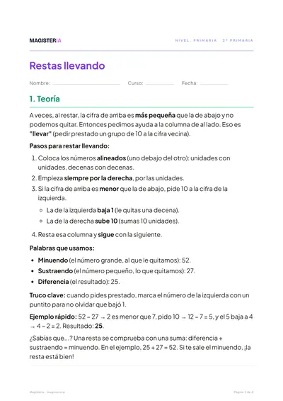 Página 1 de la ficha de Restas llevando para 2º de Primaria, con el inicio de la teoría