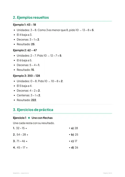 Página 2 de la ficha de Restas llevando para 2º de Primaria