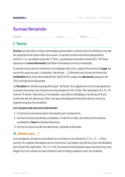 Página 1 de la ficha de Sumas llevando para 2º de Primaria, con el inicio de la teoría