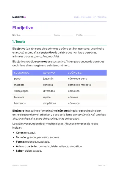 Página 1 de la ficha de El adjetivo para 3º de Primaria, con el inicio de la teoría