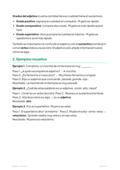 Página 2 de la ficha de El adjetivo para 3º de Primaria