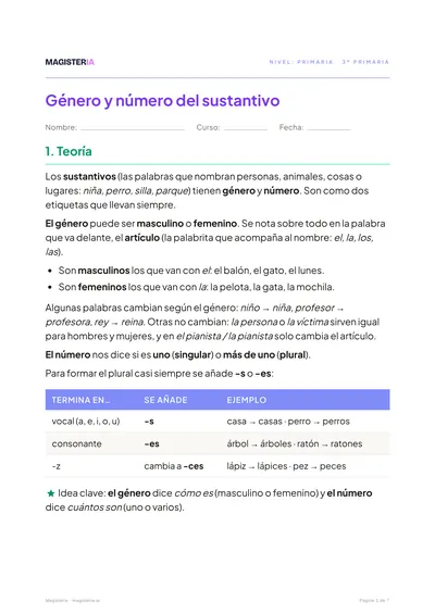 Página 1 de la ficha de Género y número para 3º de Primaria, con el inicio de la teoría