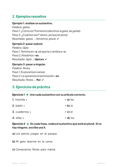 Página 2 de la ficha de Género y número para 3º de Primaria