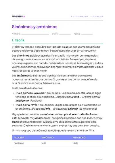 Página 1 de la ficha de Sinónimos y antónimos para 3º de Primaria, con el inicio de la teoría
