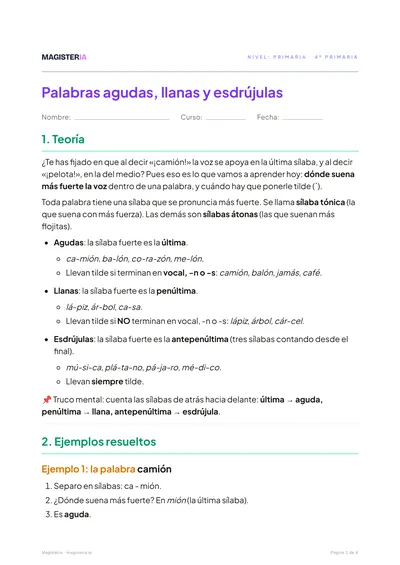 Página 1 de la ficha de Agudas, llanas y esdrújulas para 4º de Primaria, con el inicio de la teoría