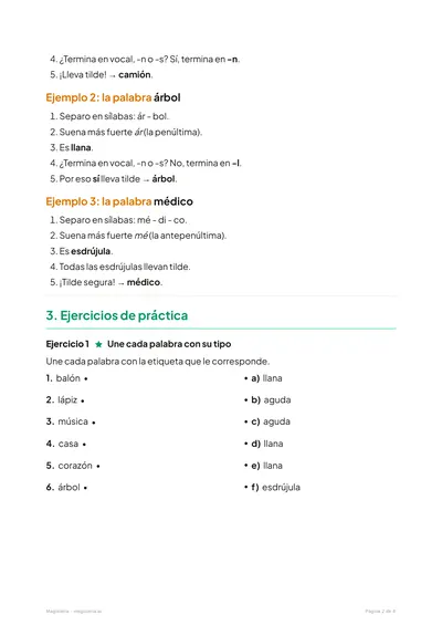 Página 2 de la ficha de Agudas, llanas y esdrújulas para 4º de Primaria