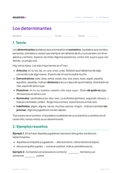 Página 1 de la ficha de Los determinantes para 4º de Primaria, con el inicio de la teoría