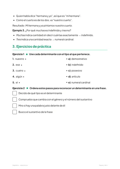 Página 2 de la ficha de Los determinantes para 4º de Primaria