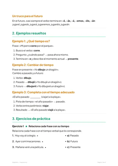 Página 2 de la ficha de Tiempos verbales para 4º de Primaria