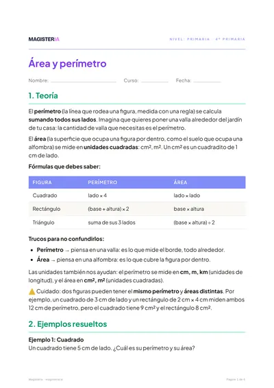 Página 1 de la ficha de Área y perímetro para 4º de Primaria, con el inicio de la teoría