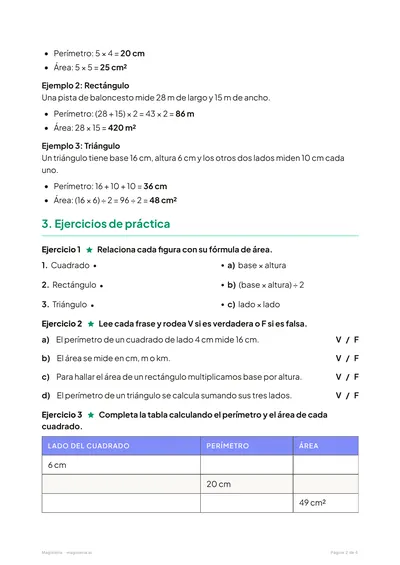 Página 2 de la ficha de Área y perímetro para 4º de Primaria