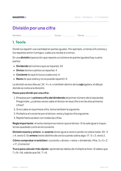 Página 1 de la ficha de División por una cifra para 4º de Primaria, con el inicio de la teoría