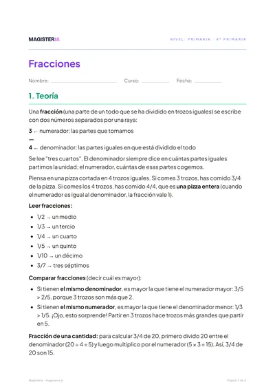 Página 1 de la ficha de Fracciones para 4º de Primaria, con el inicio de la teoría