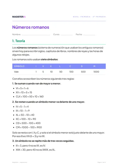 Página 1 de la ficha de Números romanos para 4º de Primaria, con el inicio de la teoría