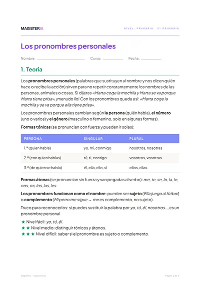 Página 1 de la ficha de Pronombres personales para 5º de Primaria, con el inicio de la teoría