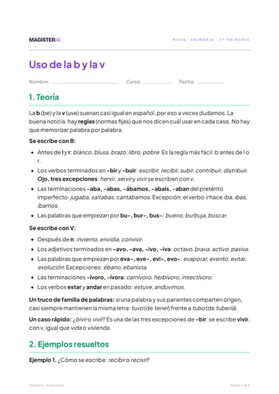 Página 1 de la ficha de Uso de la b y la v para 5º de Primaria, con el inicio de la teoría