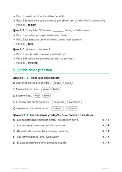 Página 2 de la ficha de Uso de la b y la v para 5º de Primaria