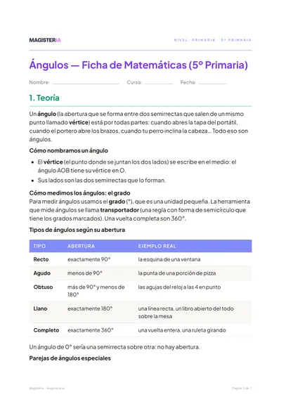 Página 1 de la ficha de Ángulos para 5º de Primaria, con el inicio de la teoría