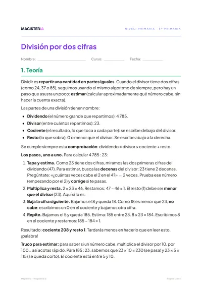 Página 1 de la ficha de División por dos cifras para 5º de Primaria, con el inicio de la teoría