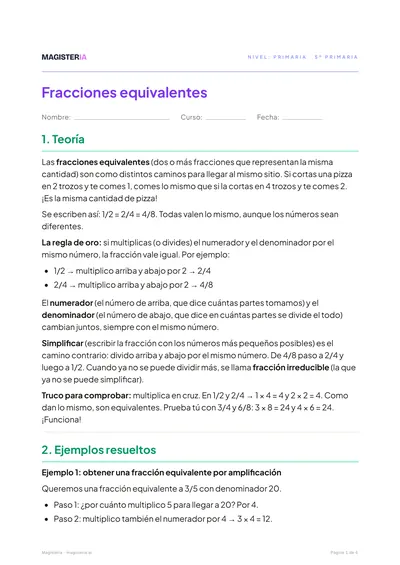 Página 1 de la ficha de Fracciones equivalentes para 5º de Primaria, con el inicio de la teoría