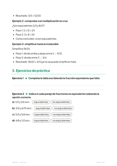 Página 2 de la ficha de Fracciones equivalentes para 5º de Primaria