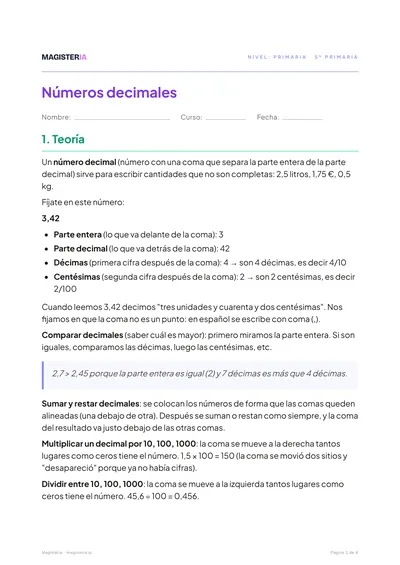 Página 1 de la ficha de Números decimales para 5º de Primaria, con el inicio de la teoría