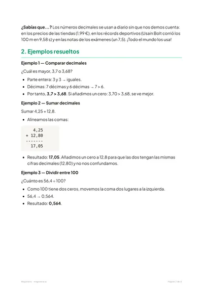 Página 2 de la ficha de Números decimales para 5º de Primaria