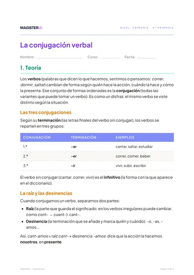Página 1 de la ficha de Conjugación verbal para 6º de Primaria, con el inicio de la teoría