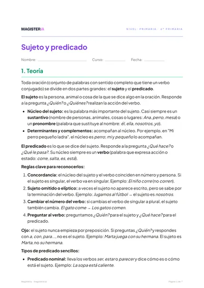 Página 1 de la ficha de Sujeto y predicado para 6º de Primaria, con el inicio de la teoría