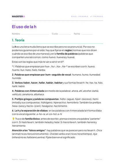 Página 1 de la ficha de Uso de la h para 6º de Primaria, con el inicio de la teoría