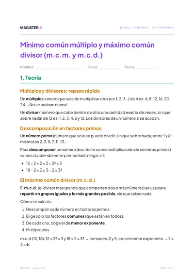 Página 1 de la ficha de m.c.m. y m.c.d. para 6º de Primaria, con el inicio de la teoría