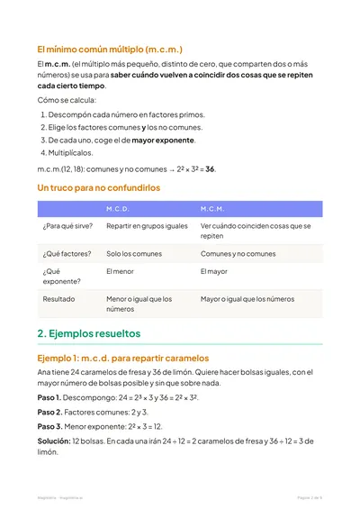 Página 2 de la ficha de m.c.m. y m.c.d. para 6º de Primaria