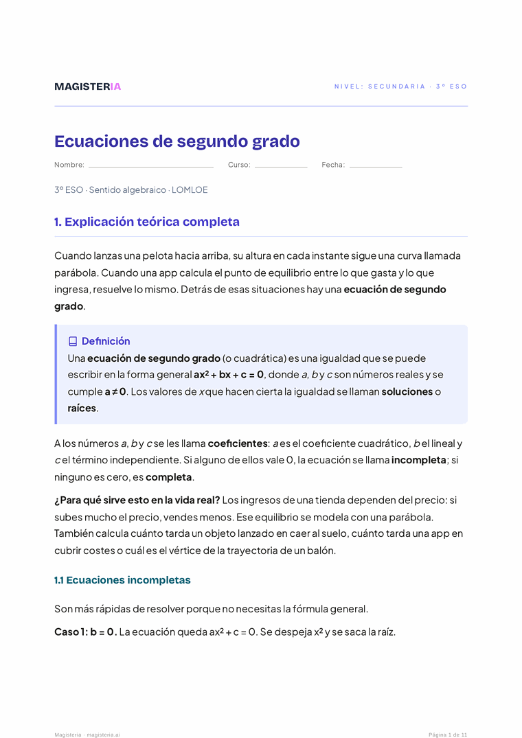 Primera página de una ficha real de Ecuaciones de segundo grado de 3º ESO generada con Magisteria