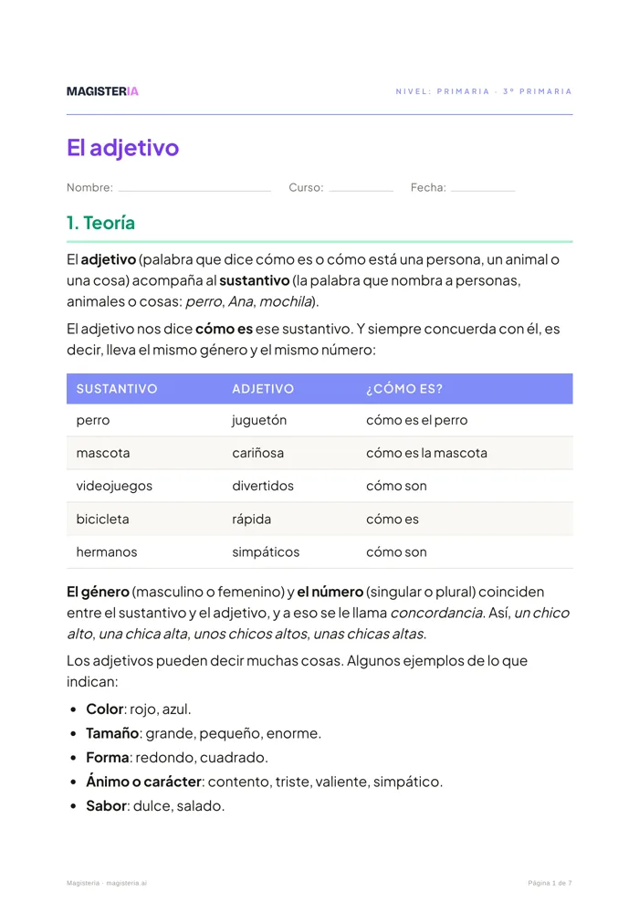 Ficha «El adjetivo», 3º de Primaria: primera página con la teoría