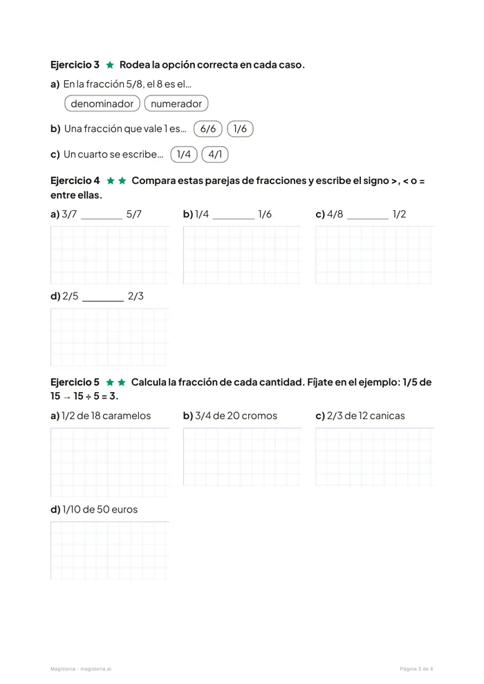 Ficha «Fracciones», 4º de Primaria: ejercicios con estrellas de dificultad y cuadrícula