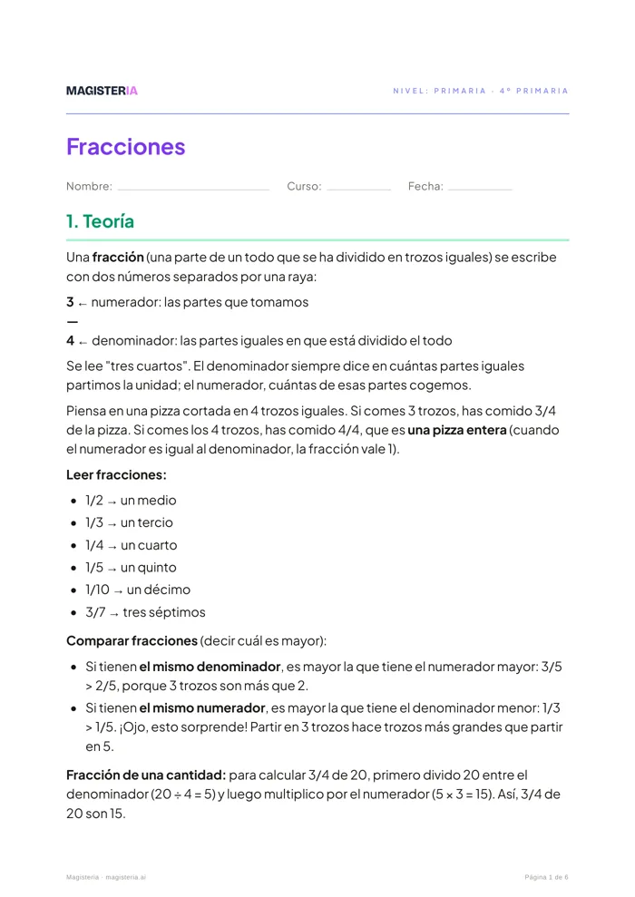 Primera página de la ficha «Fracciones», 4º de Primaria: teoría
